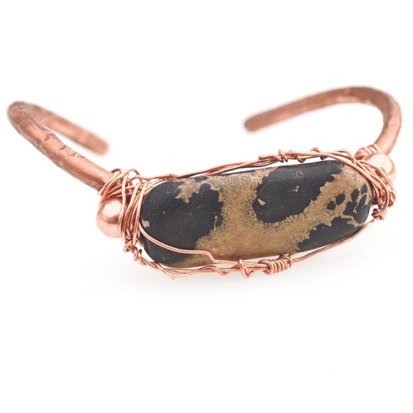 Leopard Cheetah Jasper Solid Copper Cuff Bracelet - Picture 4 of 7